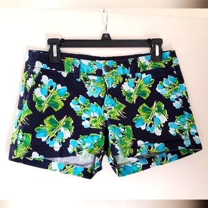 Merona navy blue, turquoise & green floral 100% cotton mid rise shorts, size 2